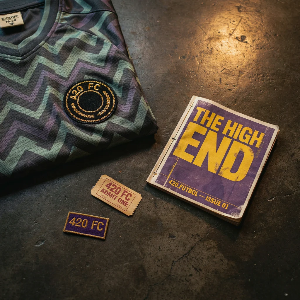 Issue 01 of The High End supporters' zine, a purple and gold risograph booklet, with a woven kickoff 16:20 collar tag and an Admit One ticket